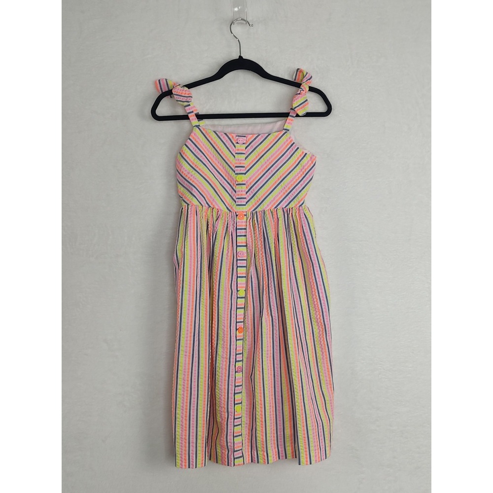 Bonnie Jean Girls Neon Stripe Seersucker Sun Dress Size 6 Button Front Pockets